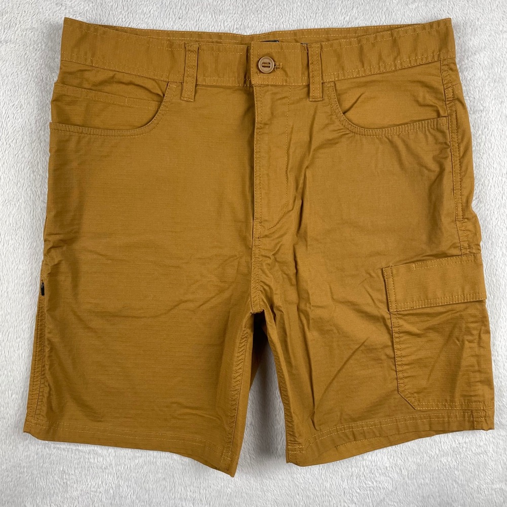 Prana Double Peak Cargo Shorts Mens 34 Brown Ripstop Organic Cotton Hiking 8"